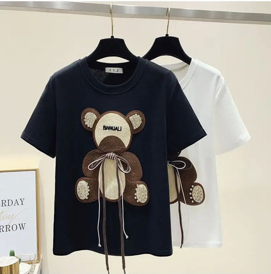 Imported Women T-Shirt (Brown Bear+ Red Flower Bear)