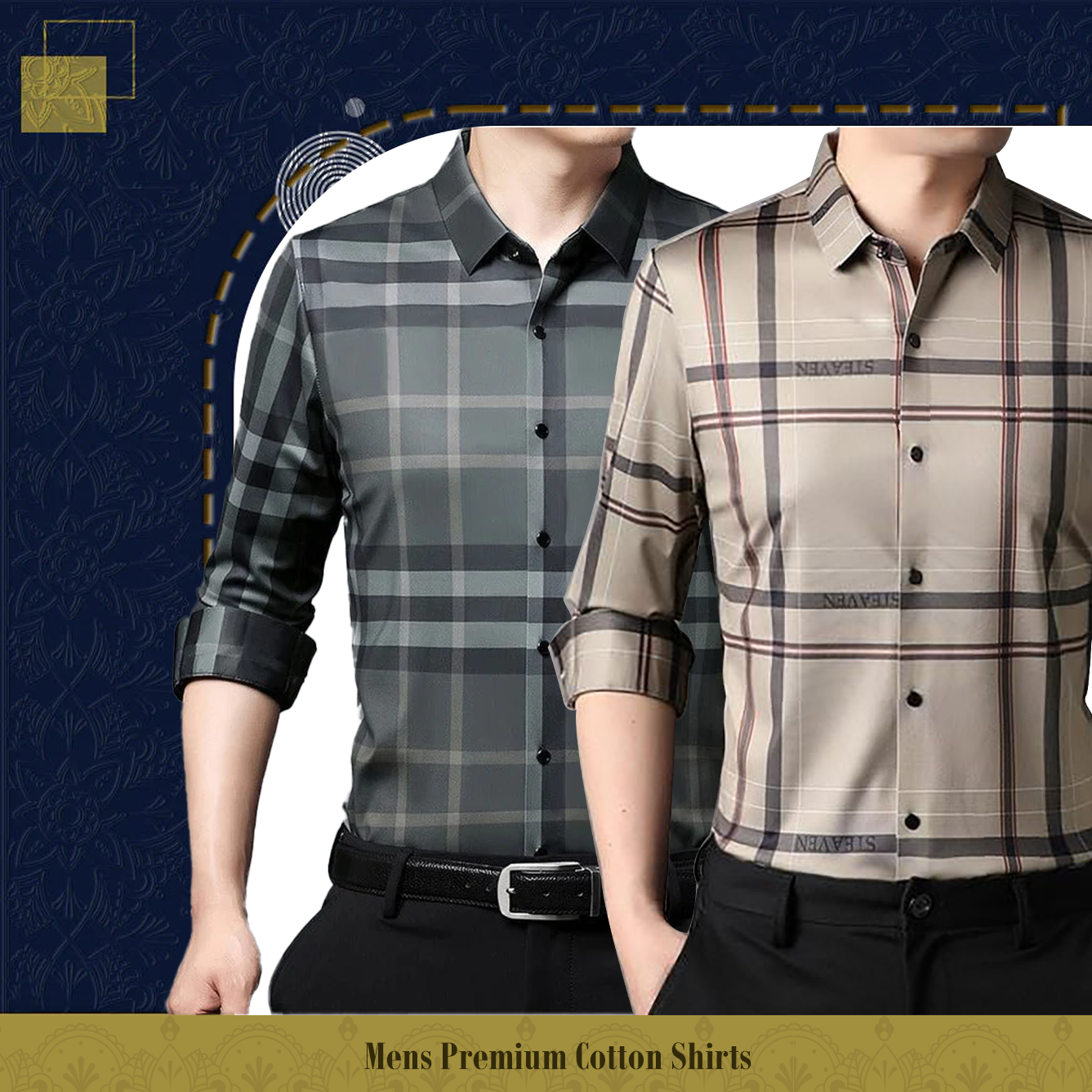 Men's Premium Cotton Shirts (GREEN CHECK+CREAM)