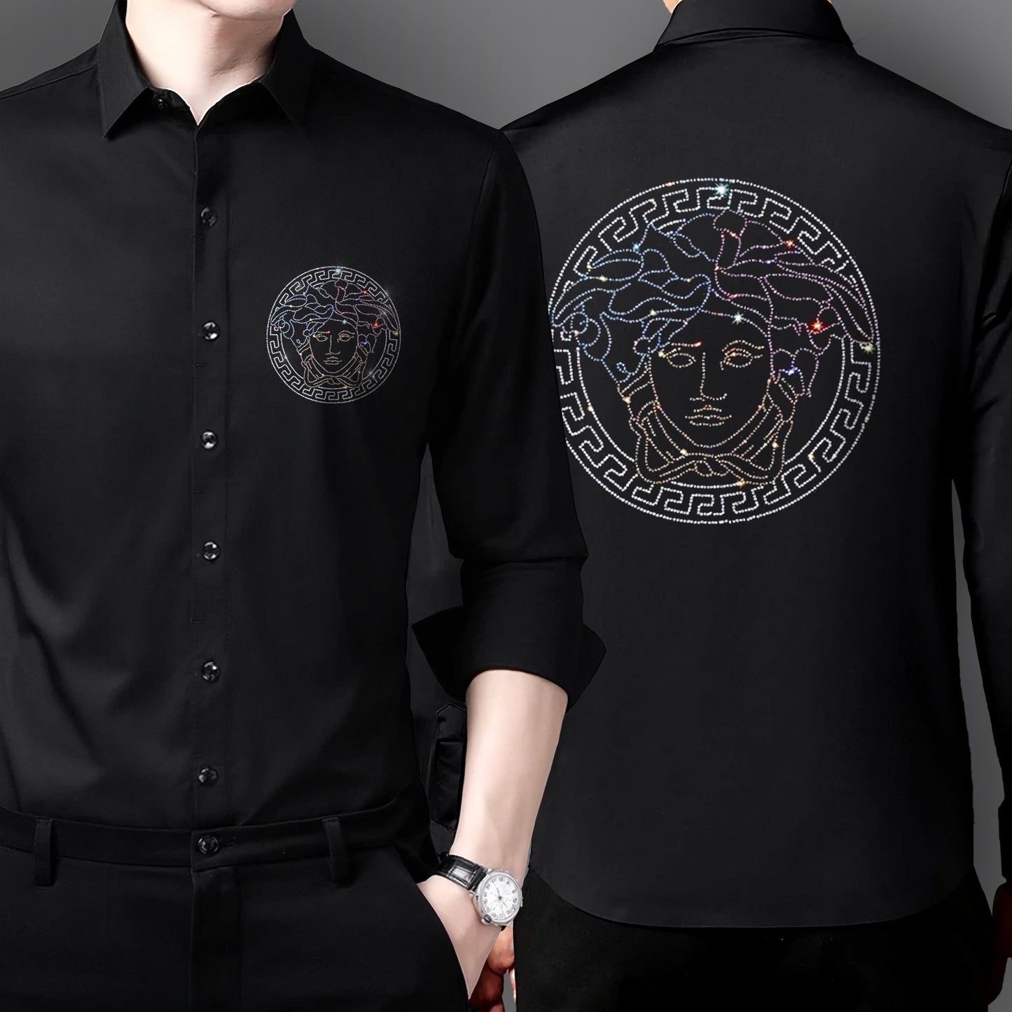 Men's Black Luxury Rhinestone Cotton Shirts