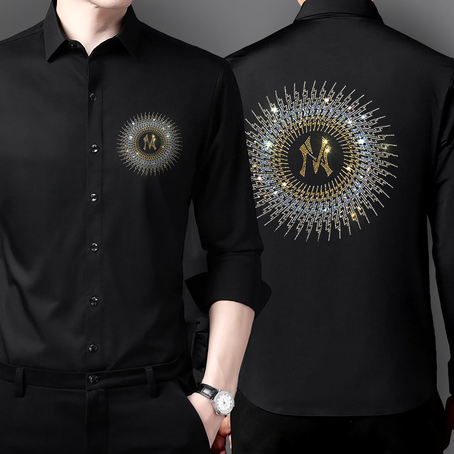 Men's Black Luxury Rhinestone Cotton Shirts