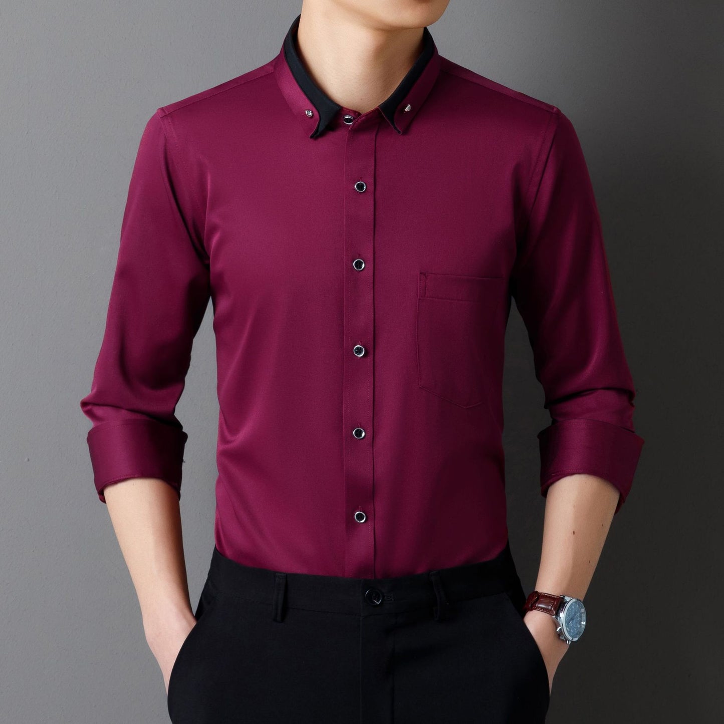 Designer Collar Men's Solid Cotton Shirts (Dark Red)