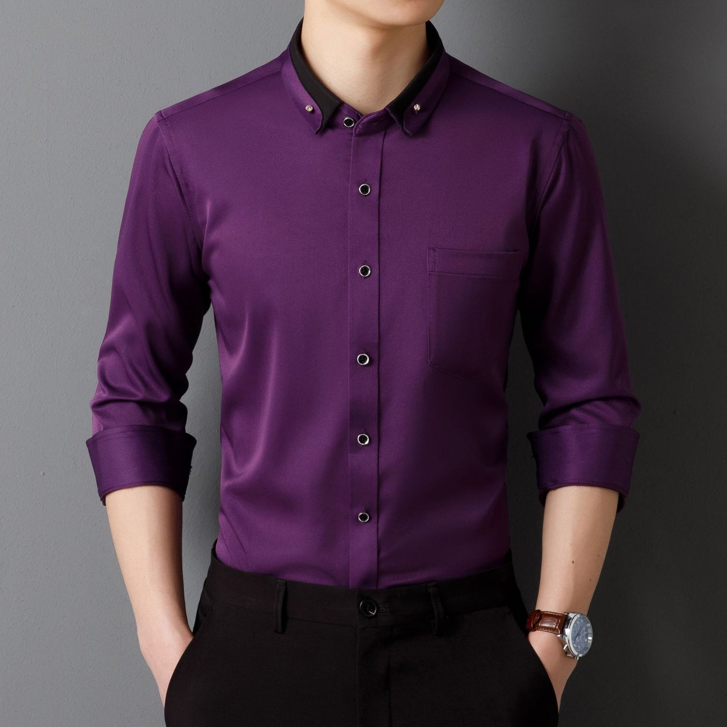 Designer Collar Men's Solid Cotton Shirts (Dark Purple)