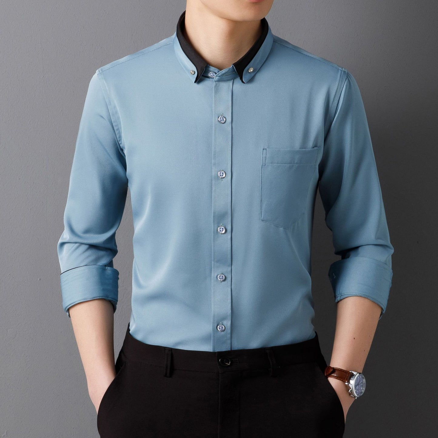 Designer Collar Men's Solid Cotton Shirts (Ocean Blue)