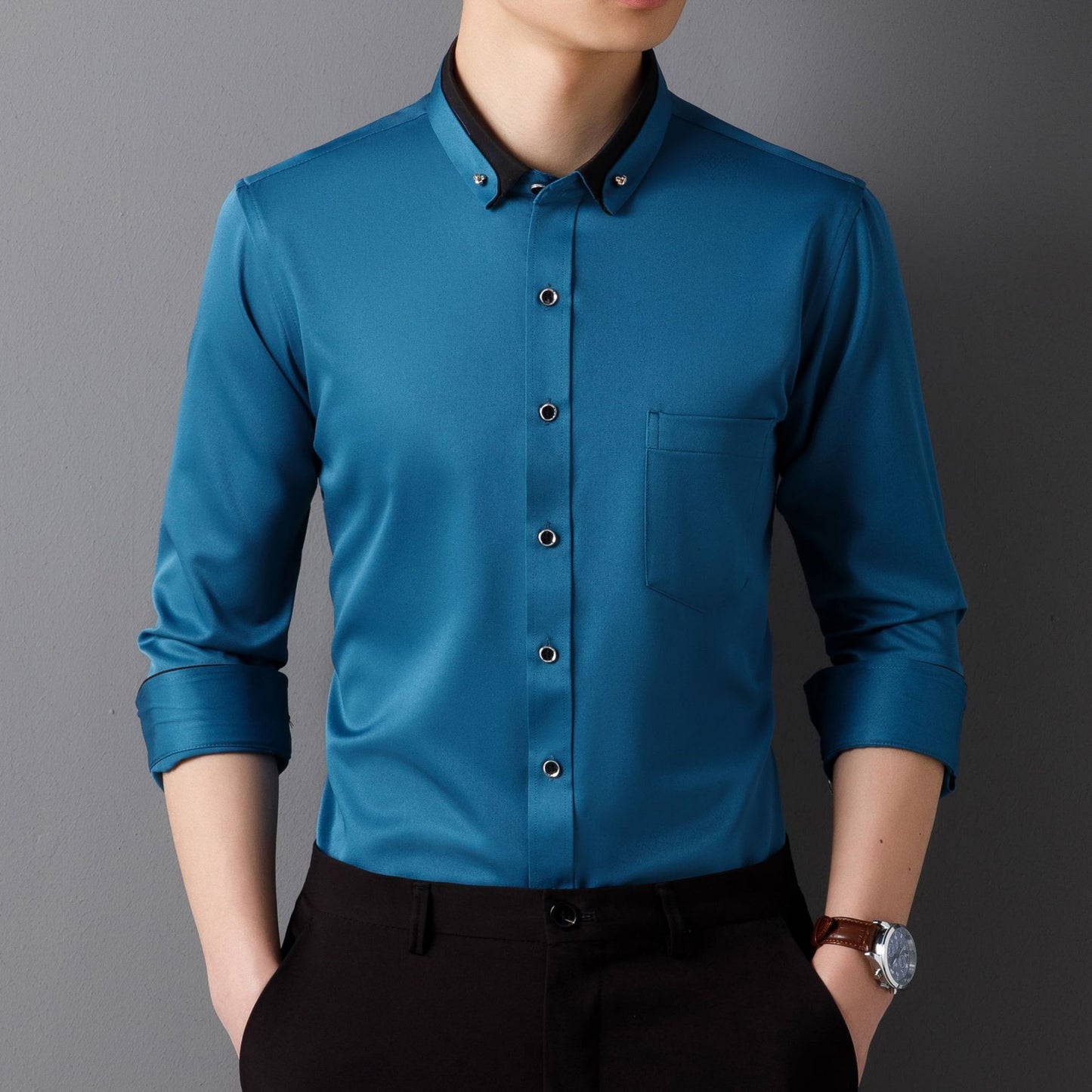 Designer Collar Men's Solid Cotton Shirts (Peacock Blue)