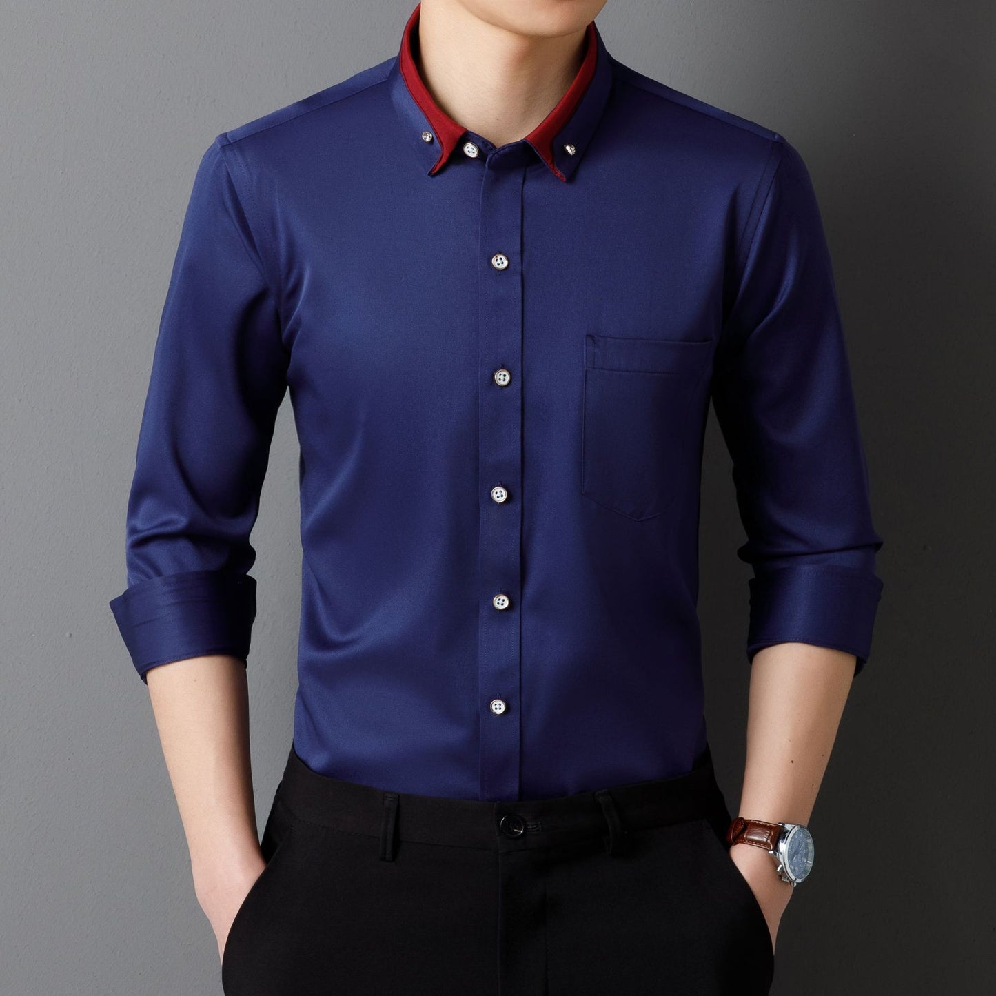 Designer Collar Men's Solid Cotton Shirts (Navy Blue)