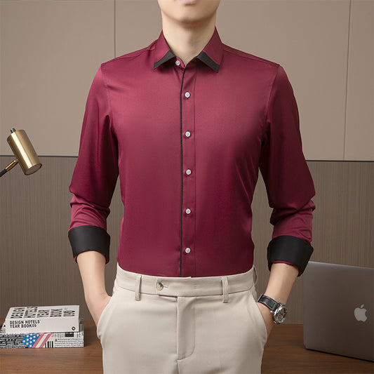 Business Casual Men's Solid Cotton Shirts (Dark Red)