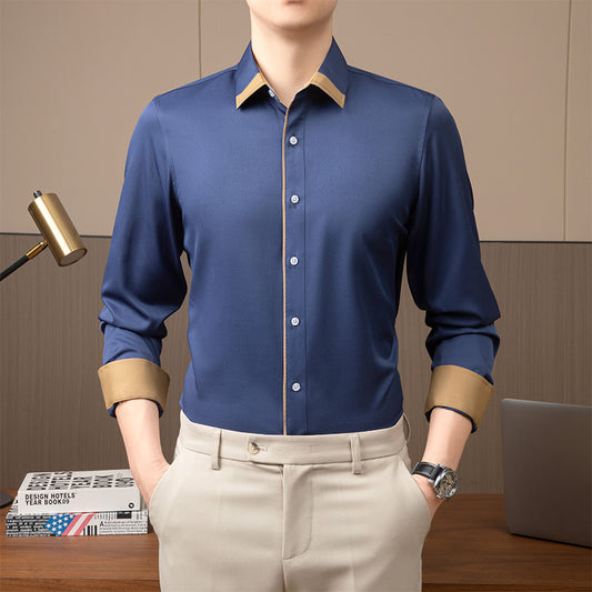 Business Casual Men's Solid Cotton Shirts (Dark Blue)