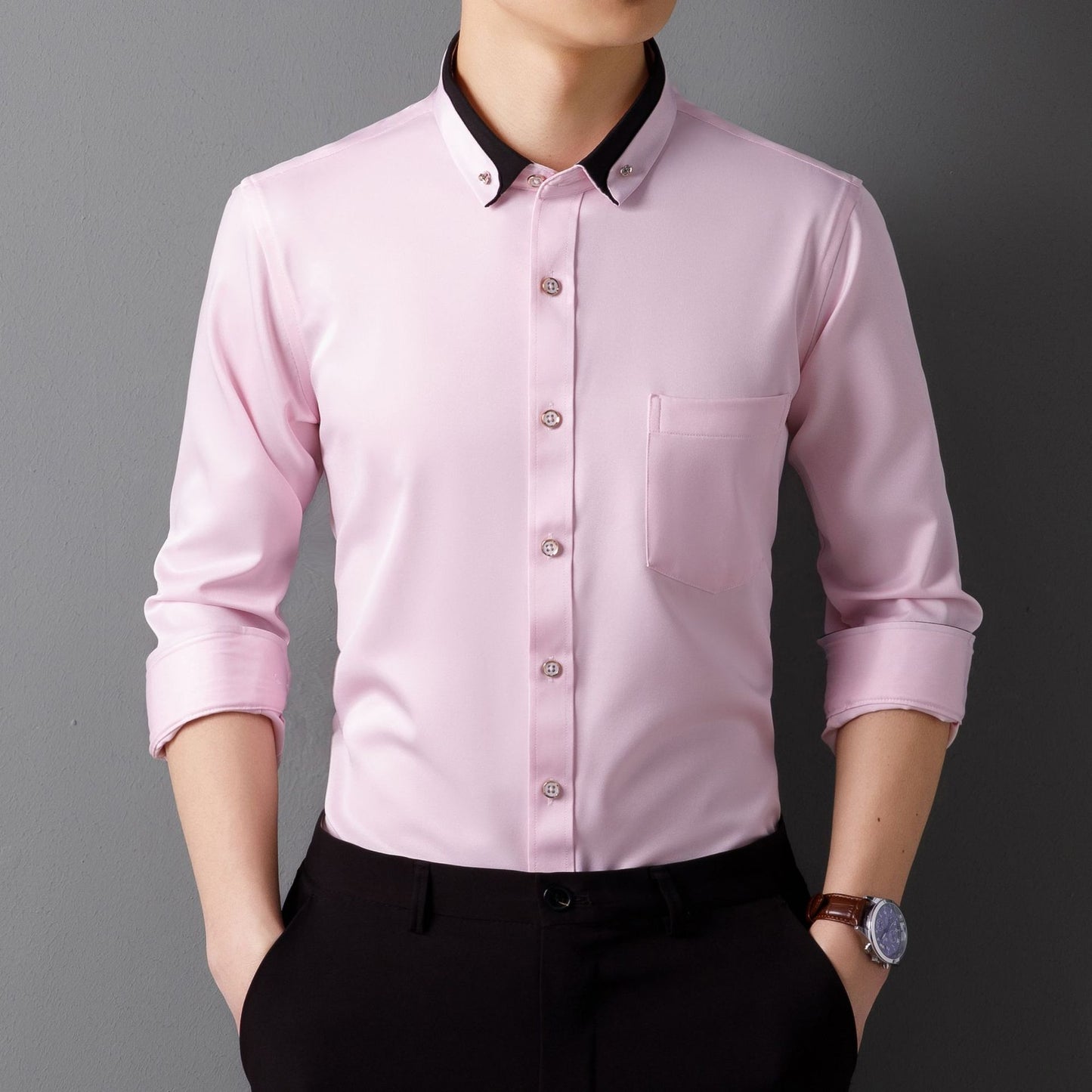 Designer Collar Men's Solid Cotton Shirts (Pink)