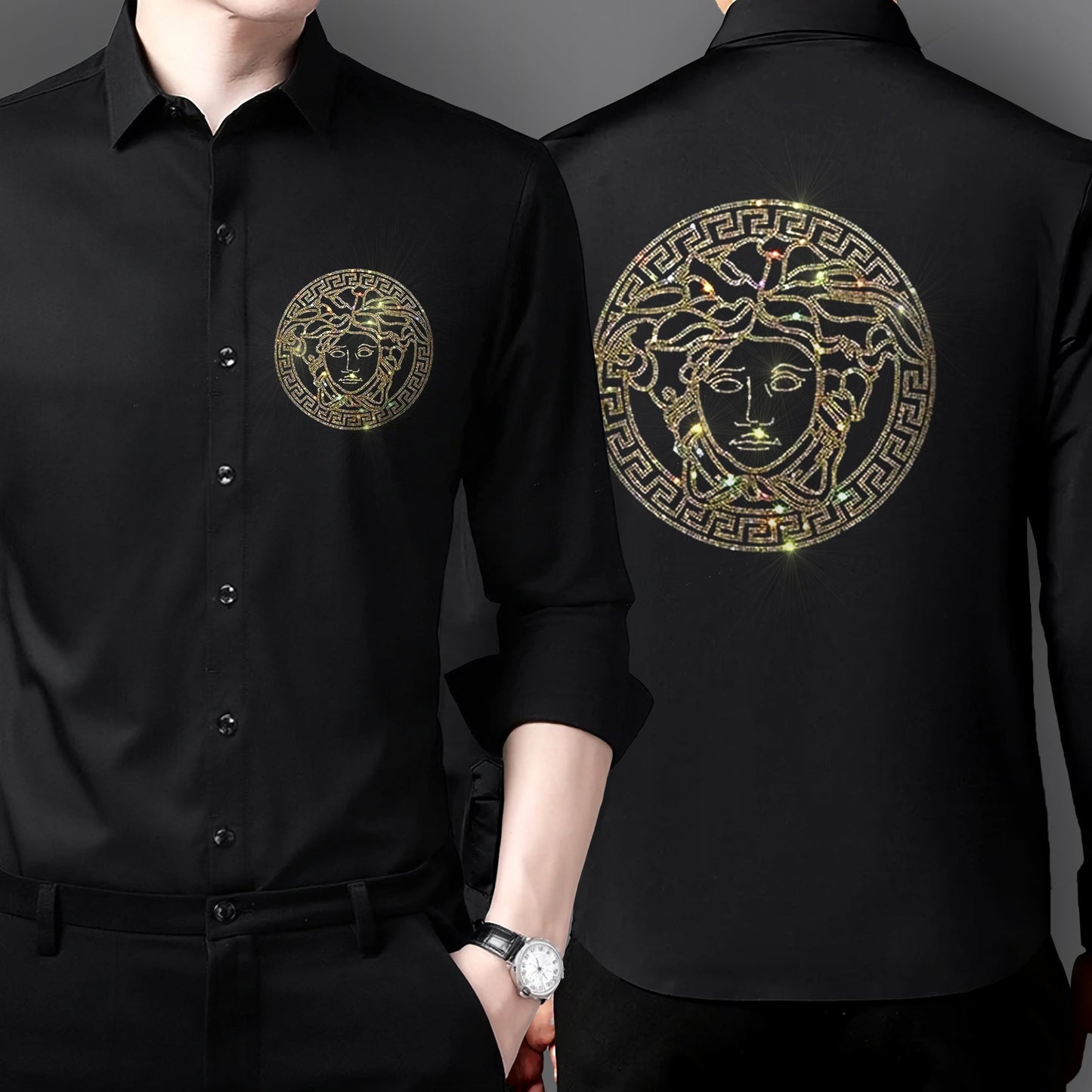 Men's Black Luxury Rhinestone Cotton Shirts