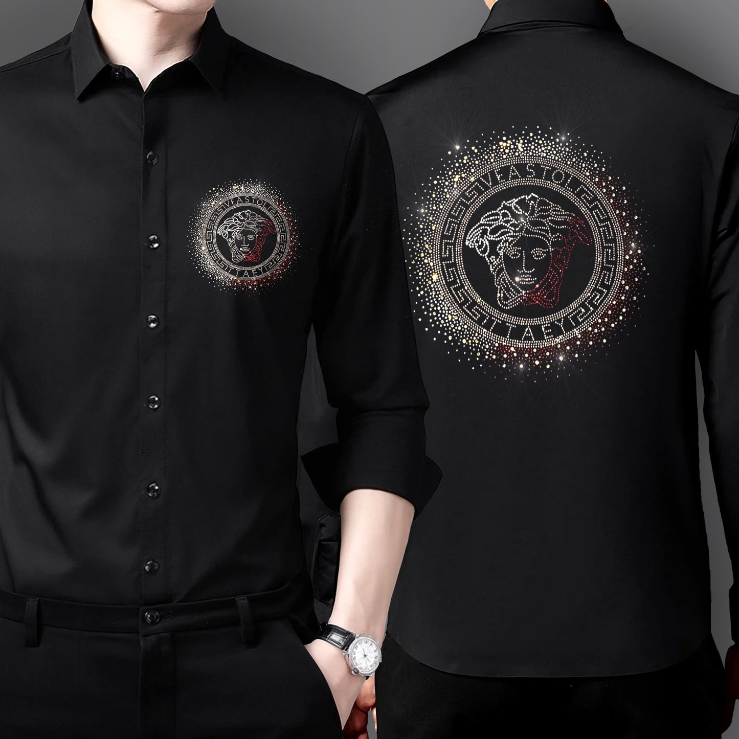 Men's Black Luxury Rhinestone Cotton Shirts