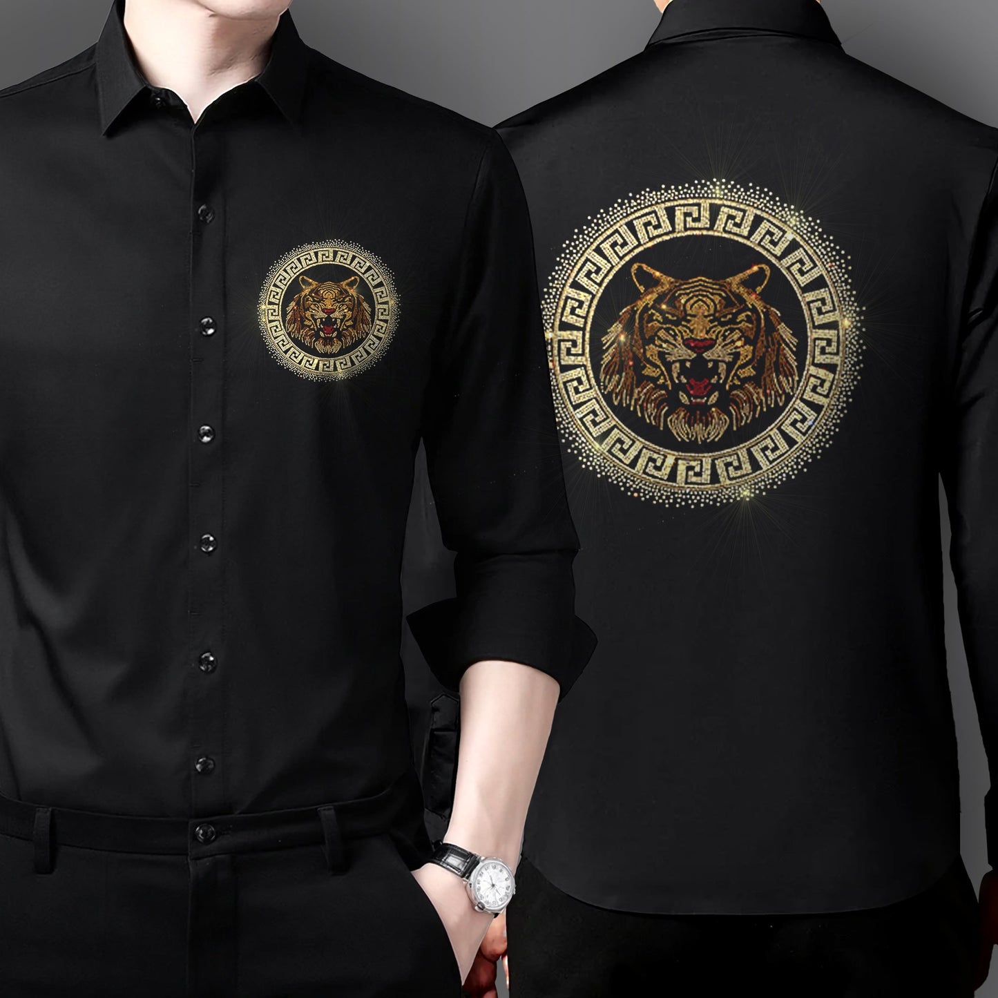 Men's Black Luxury Rhinestone Cotton Shirts