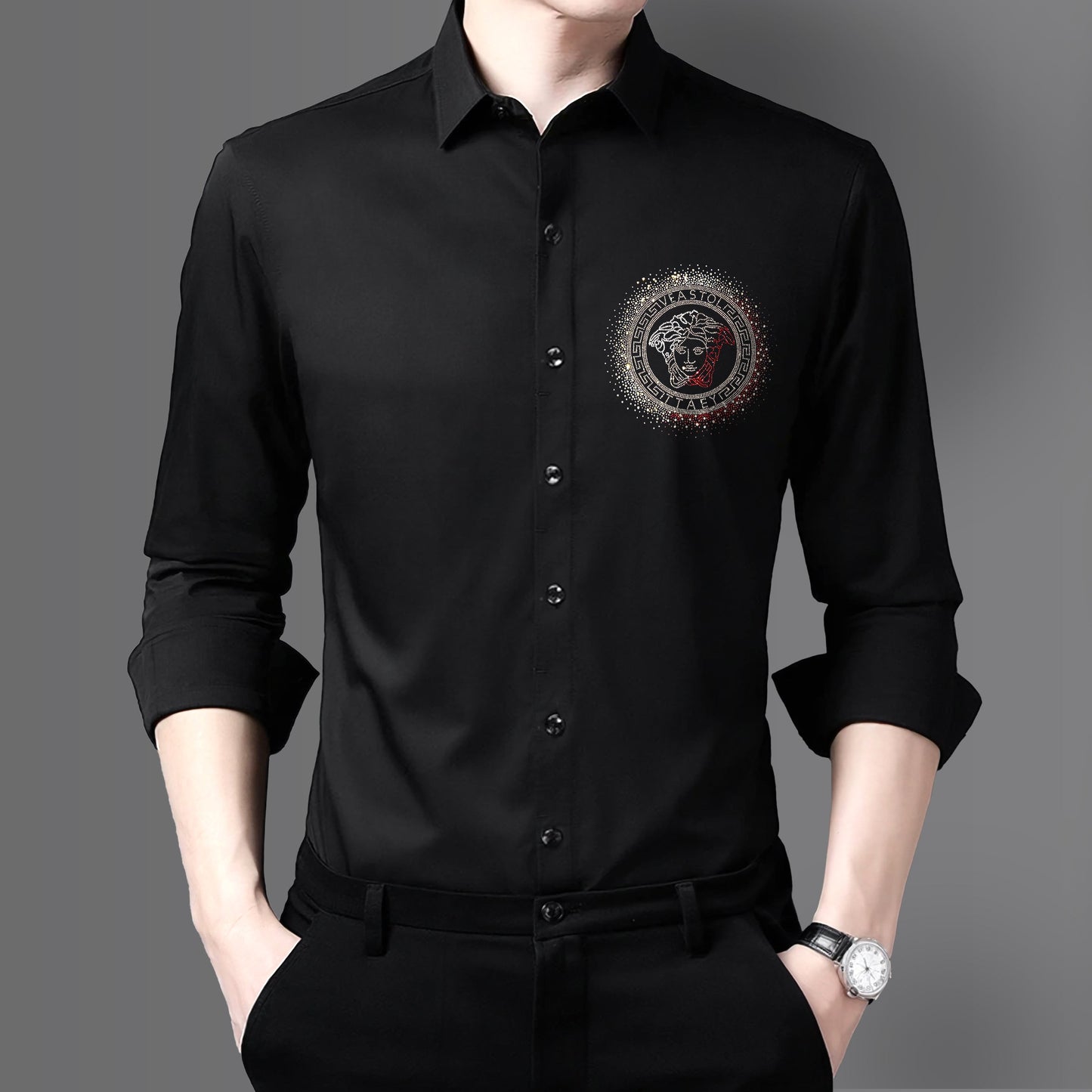 Men's Black Luxury Rhinestone Cotton Shirts