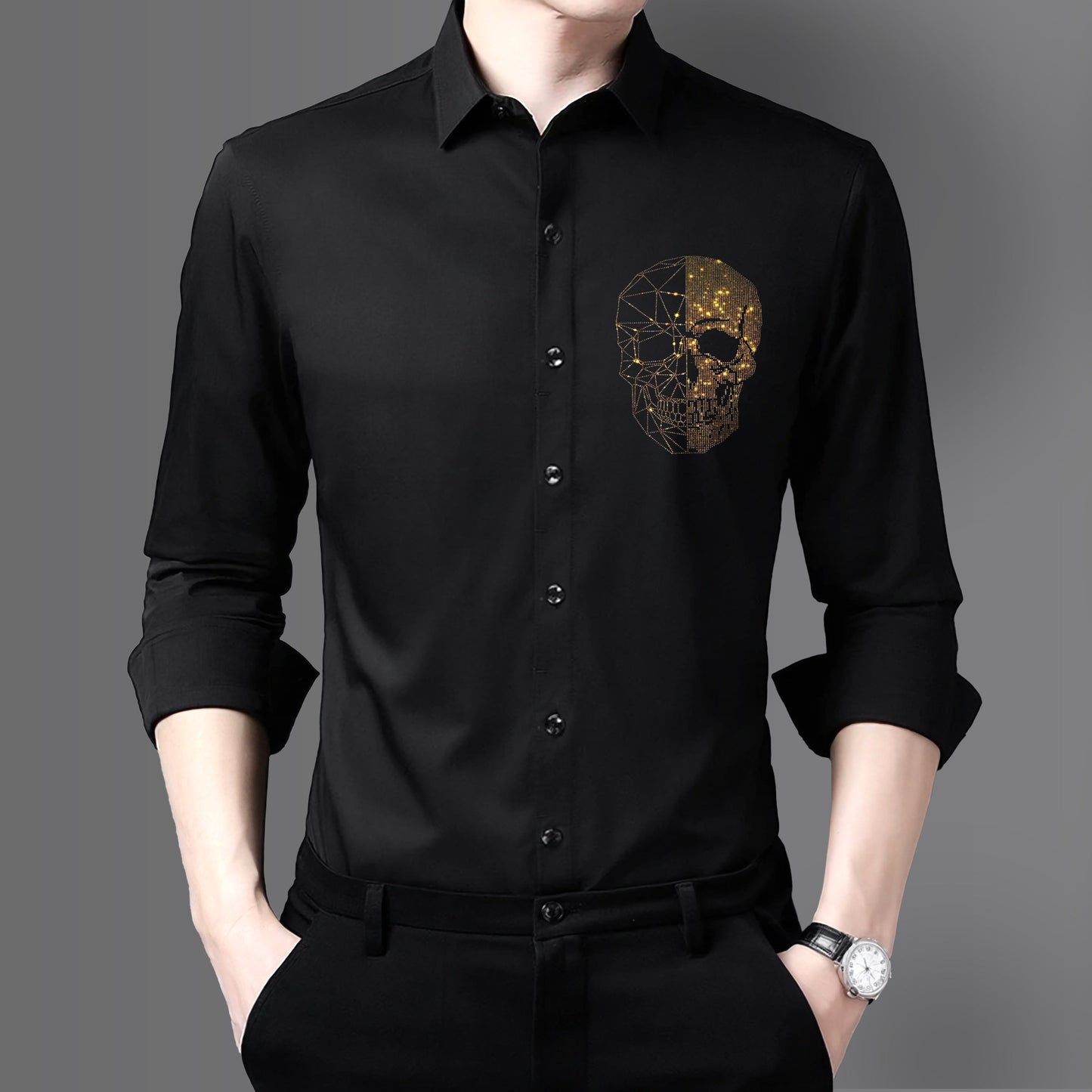 Men's Black Luxury Rhinestone Cotton Shirts